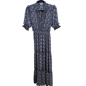 Max Studio Floral Tiered Maxi Dress Blue Yellow Ruffled Ribbon Detail Size S